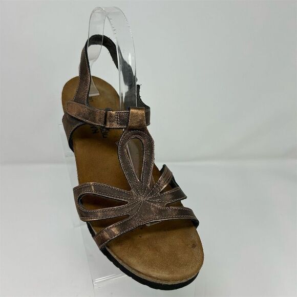 Naot Women's Gold Leather Slingback Wedge Sandal Size 11 Strappy Casual Summer - Picture 2 of 11
